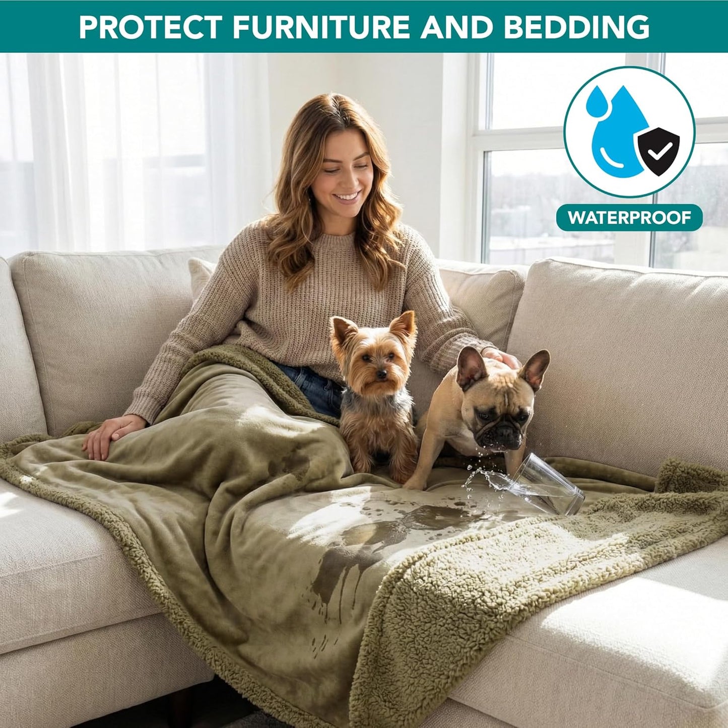 Waterproof Dog Blanket for Bed, Couch, Sofa | Waterproof Dog Bed Cover for Large Dogs, Puppies | Sherpa Fleece Pet Blanket Furniture Protector | Reversible Microfiber